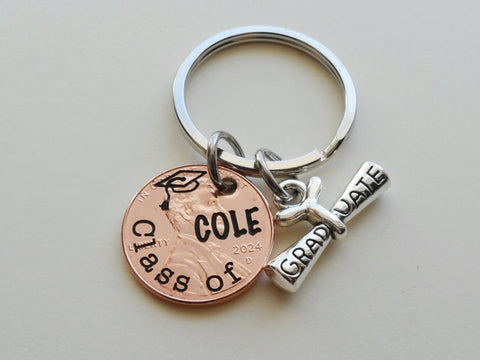 Custom Engraved "Class of" and Name on Penny Keychain with Graduate Scroll Charm, Personalized Graduate Keychain, For Graduation