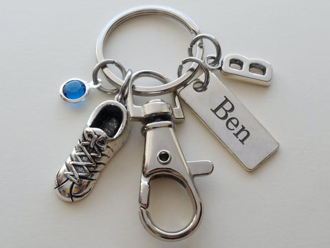 Track or Cross Country Runner Keychain with Running Shoe Charm, Custom Engraved Tag, and Swivel Clasp