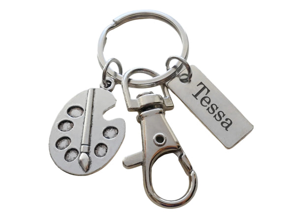 Art Palette Charm Keychain with Custom Engraved Tag Charm & Swivel Clasp, Personalized Gift