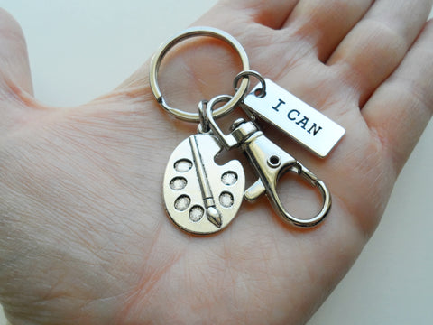 Art Palette Charm Keychain with Custom Engraved Tag Charm & Swivel Clasp, Personalized Gift