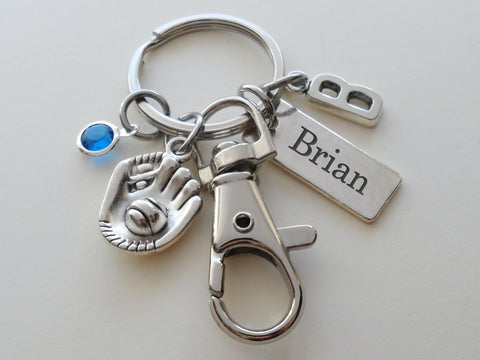 Baseball Mitt Charm Keychain with Custom Engraved Tag & Clasp, Personalized Name For Softball / Baseball Player Keychain