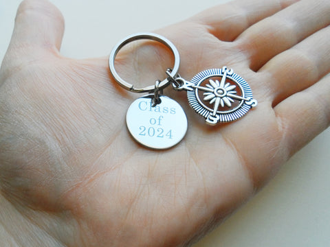 Compass Charm Keychain with Initial Charm & Custom Engraved Disc, Camping Keychain