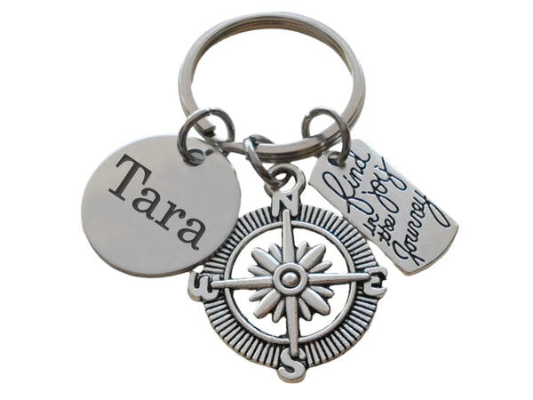 Compass Charm Keychain with Find Joy in the Journey Charm & Custom Engraved Disc