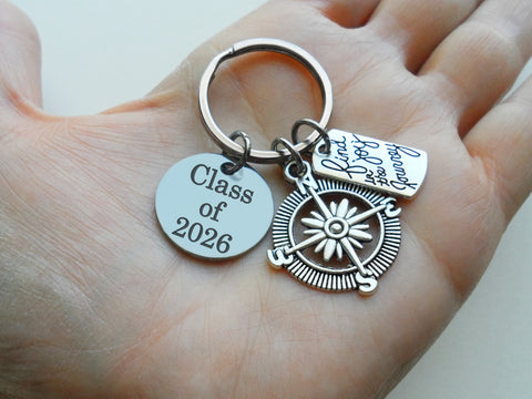 Compass Charm Keychain with Find Joy in the Journey Charm & Custom Engraved Disc