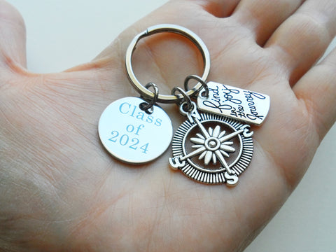 Compass Charm Keychain with Find Joy in the Journey Charm & Custom Engraved Disc