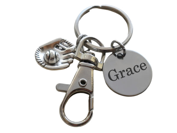 Baseball Mitt Charm Keychain with Custom Engraved Disc & Clasp, Personalized Softball / Baseball Player Keychain