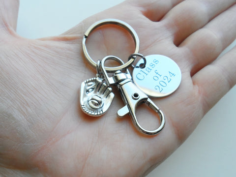 Baseball Mitt Charm Keychain with Custom Engraved Disc & Clasp, Personalized Softball / Baseball Player Keychain