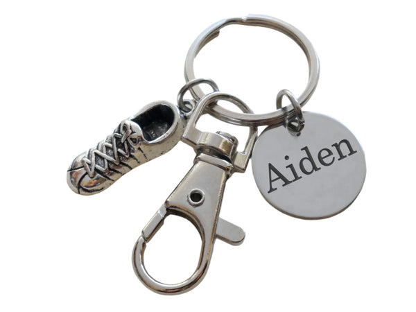 Cross Country Charm Keychain with Running Shoe Charm, Custom Engraved Disc & Swivel Clasp