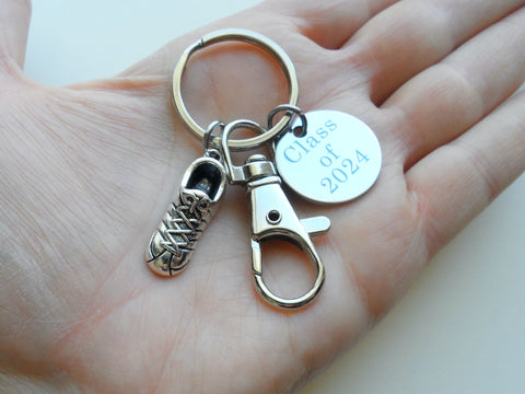 Cross Country Charm Keychain with Running Shoe Charm, Custom Engraved Disc & Swivel Clasp