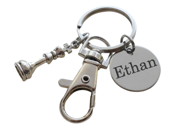Chess Club Player Charm Keychain with a King Chess Piece Charm, Custom Engraved Disc & Swivel Clasp