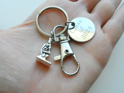 Custom Engraved Science Lab Keychain with Microscope Charm, Engraved Disc & Swivel Clasp, Student, Teacher, Chemist, Microbiologist, Biochemist