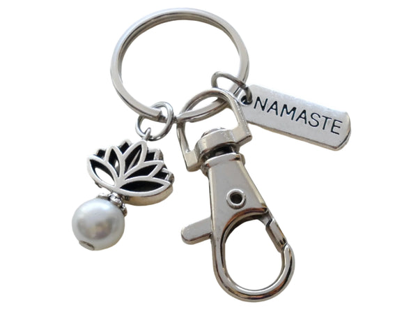 Yoga Teacher or Student Keychain, Namaste Tag Charm, Lotus Flower & Faux Pearl Charm and Swivel Clasp