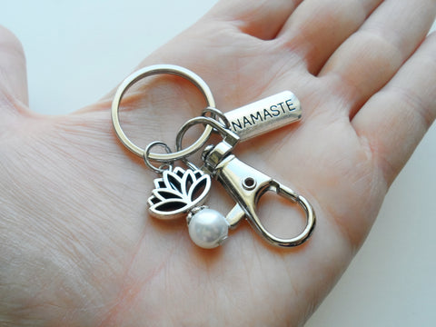 Yoga Teacher or Student Keychain, Namaste Tag Charm, Lotus Flower & Faux Pearl Charm and Swivel Clasp