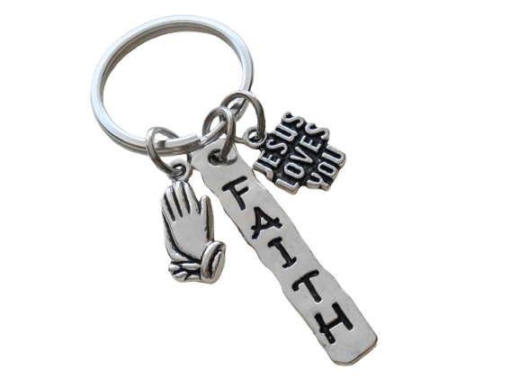 Faith Keychain with a "Jesus Loves You" Charm & Praying Hands Charm, Religious Keychain