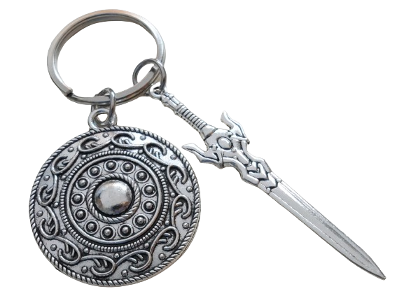 Shield & Sword Charm Keychain, Knight Keychain, Warrior Keychain, Fantasy Keychain