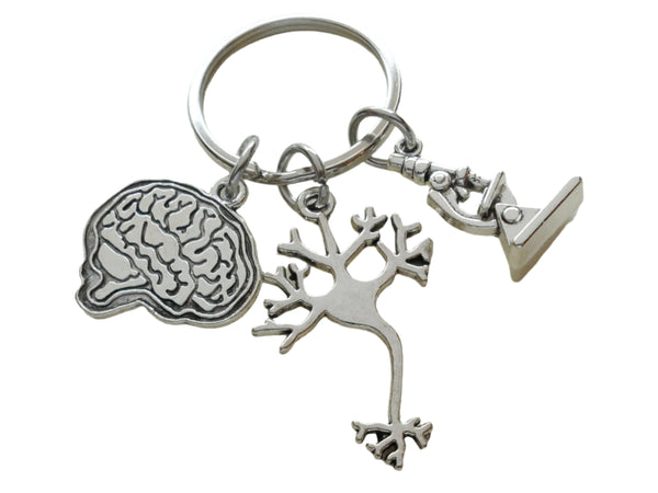 Brain Charm Keychain with Neuron & Microscope Charm, For Anatomy Teacher, Psychologist or Medical Student