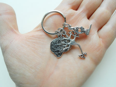 Brain Charm Keychain with Neuron & Microscope Charm, For Anatomy Teacher, Psychologist or Medical Student
