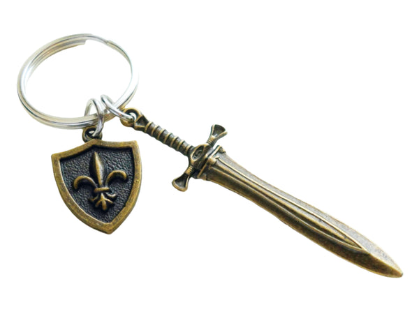 Bronze Sword & Shield Charm Keychain, Knight Keychain, Warrior Keychain, Fantasy Keychain