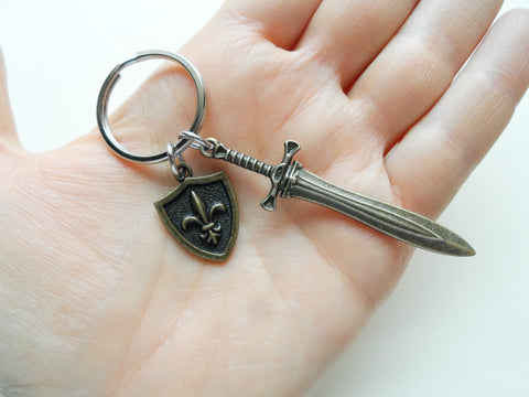 Bronze Sword & Shield Charm Keychain, Knight Keychain, Warrior Keychain, Fantasy Keychain