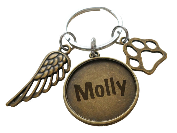 Custom Bronze Paw & Wing Charm Keychain with Engraved Disc, Pet Loss Gift, Dog Memorial Keychain