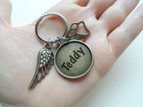 Custom Bronze Paw & Wing Charm Keychain with Engraved Disc, Pet Loss Gift, Dog Memorial Keychain