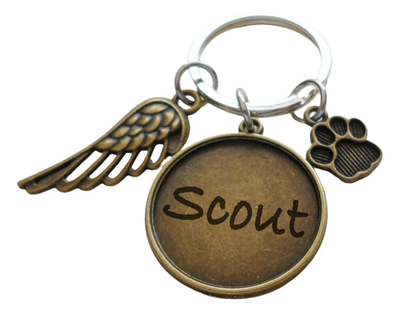 Custom Bronze Paw & Wing Charm Keychain with Engraved Disc, Pet Loss Gift, Dog Memorial Keychain