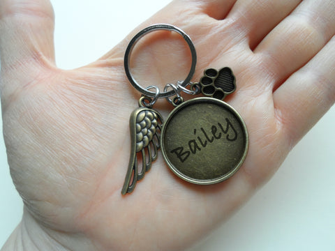 Custom Bronze Paw & Wing Charm Keychain with Engraved Disc, Pet Loss Gift, Dog Memorial Keychain