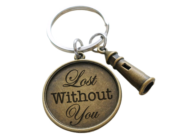 Bronze Lighthouse Keychain with Engraved Disc "Lost Without You", for Couples or Best Friends, Anniversary Gift Keychain