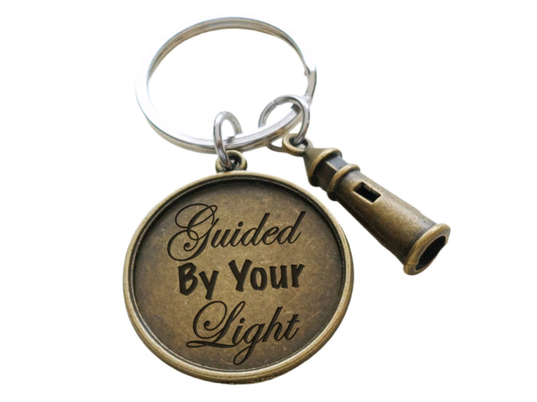 Bronze Lighthouse Keychain with Engraved Disc "Guided By Your Light", for Couples or Best Friends, Anniversary Gift Keychain