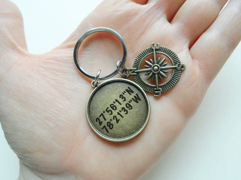 Bronze Compass Charm Keychain with Custom Engraved Disc by Jewelry Everyday