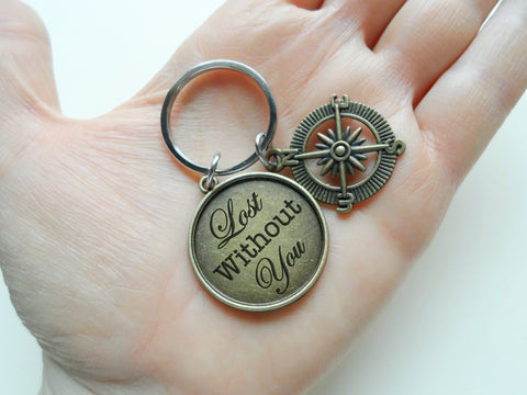 Bronze Compass Charm Keychain with Disc Engraved "Lost Without You" by Jewelry Everyday