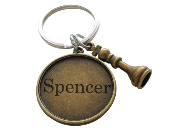 Bronze King Chess Charm Keychain with Custom Engraved Disc