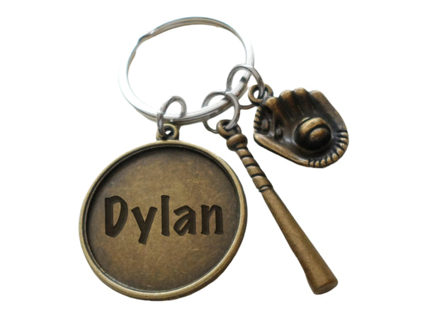 Bronze Baseball Keychain with Baseball Glove & Bat Charm and Custom Engraved Disc, Softball or Baseball Player Gift