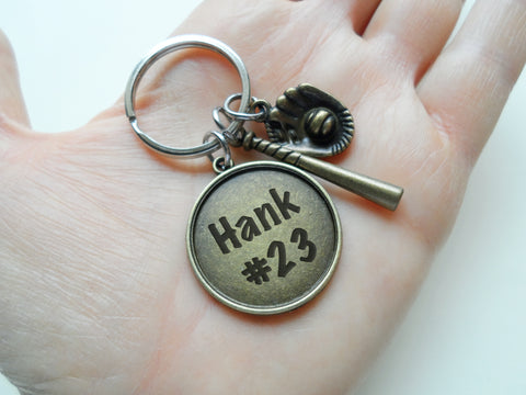 Bronze Baseball Keychain with Baseball Glove & Bat Charm and Custom Engraved Disc, Softball or Baseball Player Gift