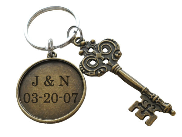 Bronze Key Charm Keychain with Custom Engraving Disc; Couples Anniversary Keychain