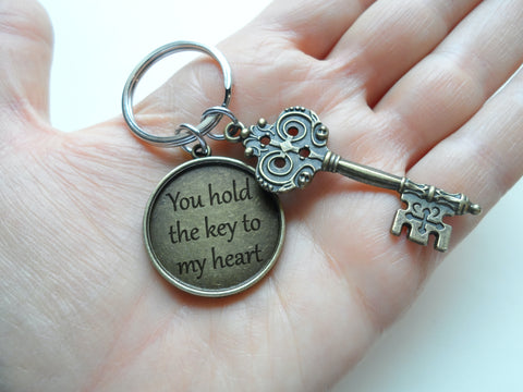 Bronze Key Charm Keychain with Engraving "You Hold the Key to My Heart" on Disc; Couples Anniversary Keychain