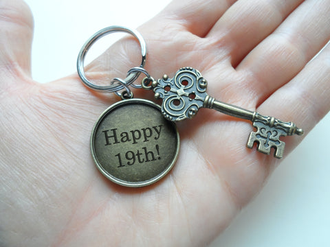 Bronze Key Charm Keychain with Custom Engraving Disc; Couples Anniversary Keychain
