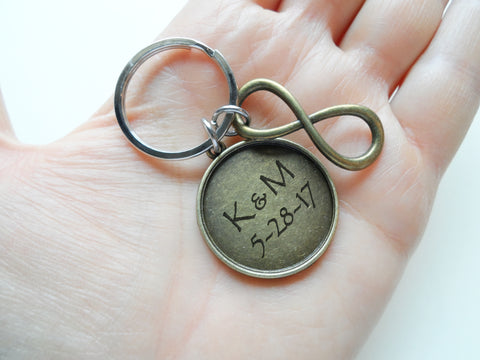Bronze Infinity Charm Keychain With Custom Engraved Disc, 8 Year, 19 Year Anniversary Gift