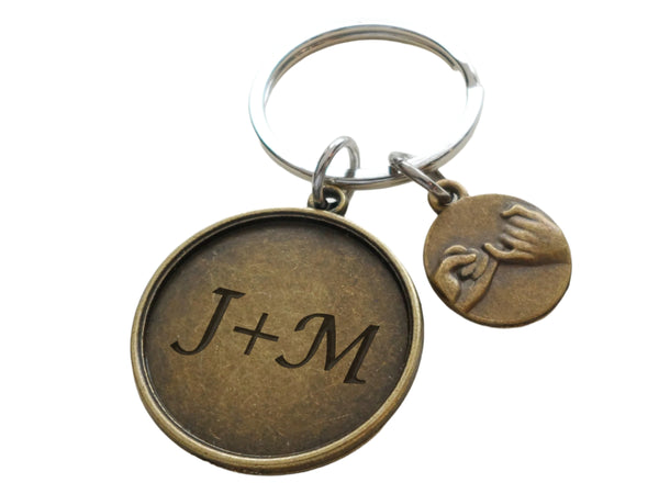 Bronze Pinky Promise Charm Keychain with Custom Engraved Disc; Couples Anniversary Gift