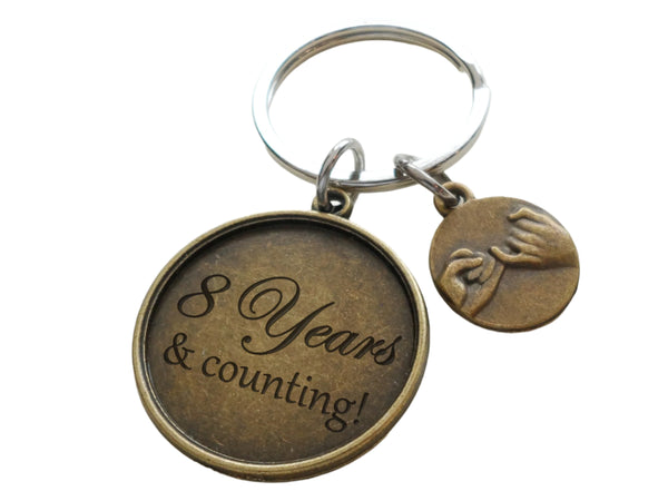 Bronze Pinky Promise Charm Keychain with "8 Years & Counting" Engraved Disc; Couples 8 Year Anniversary Gift