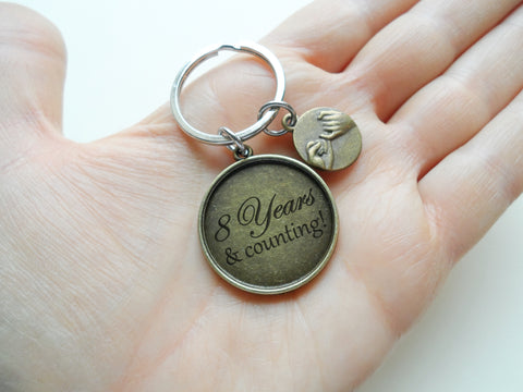 Bronze Pinky Promise Charm Keychain with "8 Years & Counting" Engraved Disc; Couples 8 Year Anniversary Gift
