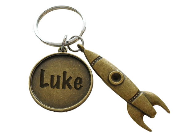 Personalized Bronze Spaceship Rocket Charm Keychain and Disc Custom Engraved, Aerospace Engineer Gift, Astronautical Keychain
