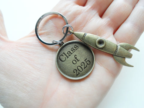 Personalized Bronze Spaceship Rocket Charm Keychain and Disc Custom Engraved, Aerospace Engineer Gift, Astronautical Keychain