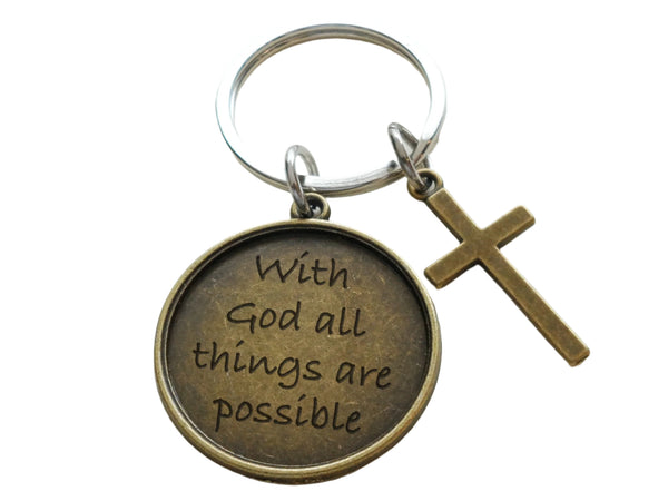 Custom Engraved Bronze Disc Keychain with Bronze Cross Charm, Religious Keychain