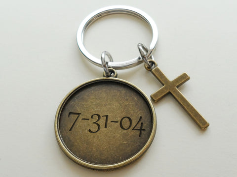 Custom Engraved Bronze Disc Keychain with Bronze Cross Charm, Religious Keychain