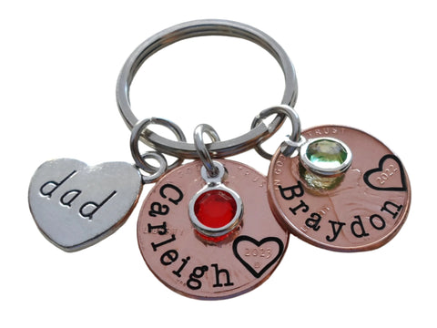 Custom Engraved Penny Keychain with Birthstone Charm, Mother's, Father's Keychain