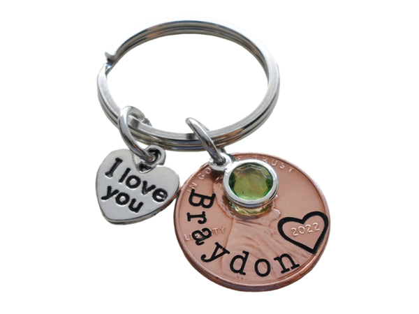 Custom Engraved Penny Keychain with Birthstone Charm, Mother's, Father's Keychain