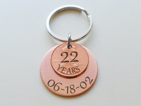 Custom Engraved Copper Disc Keychain with Penny, 7 Year, 22 Year or Other Year Anniversary Gift Keychain Personalized