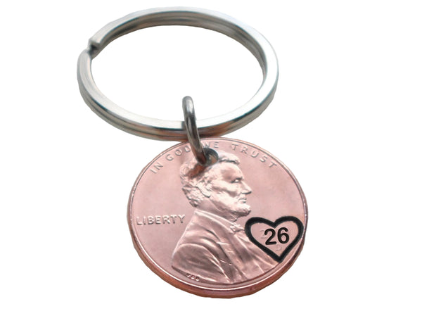 Penny Keychain with Engraved "26" and Heart, Lucky Penny Anniversary Key Chain