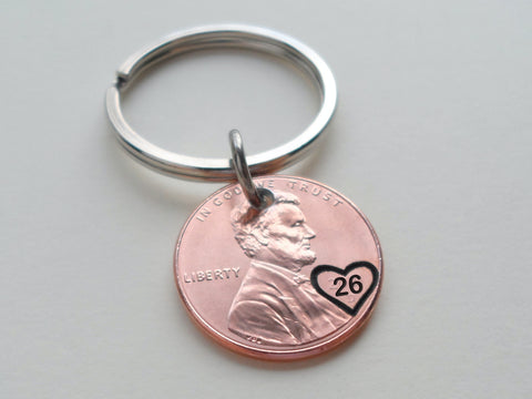 Penny Keychain with Engraved "26" and Heart, Lucky Penny Anniversary Key Chain